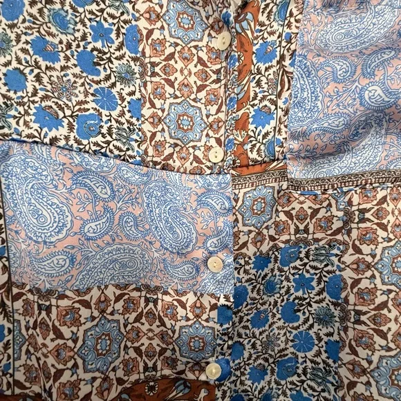 dRA Los Angeles blue boxy silky patchwork button down top M - Picture 2 of 7